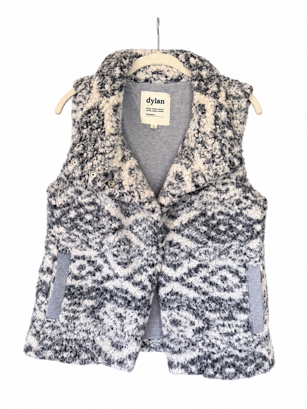 dylan Gray & White Patterned faux Sherpa Vest with Collar